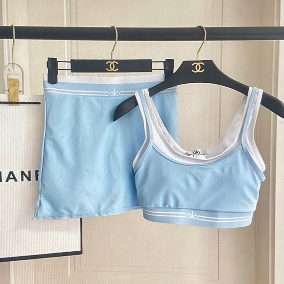 ALO Yoga Powder Blue Ribbed Sports Bra and Mini Skirt Set Size M